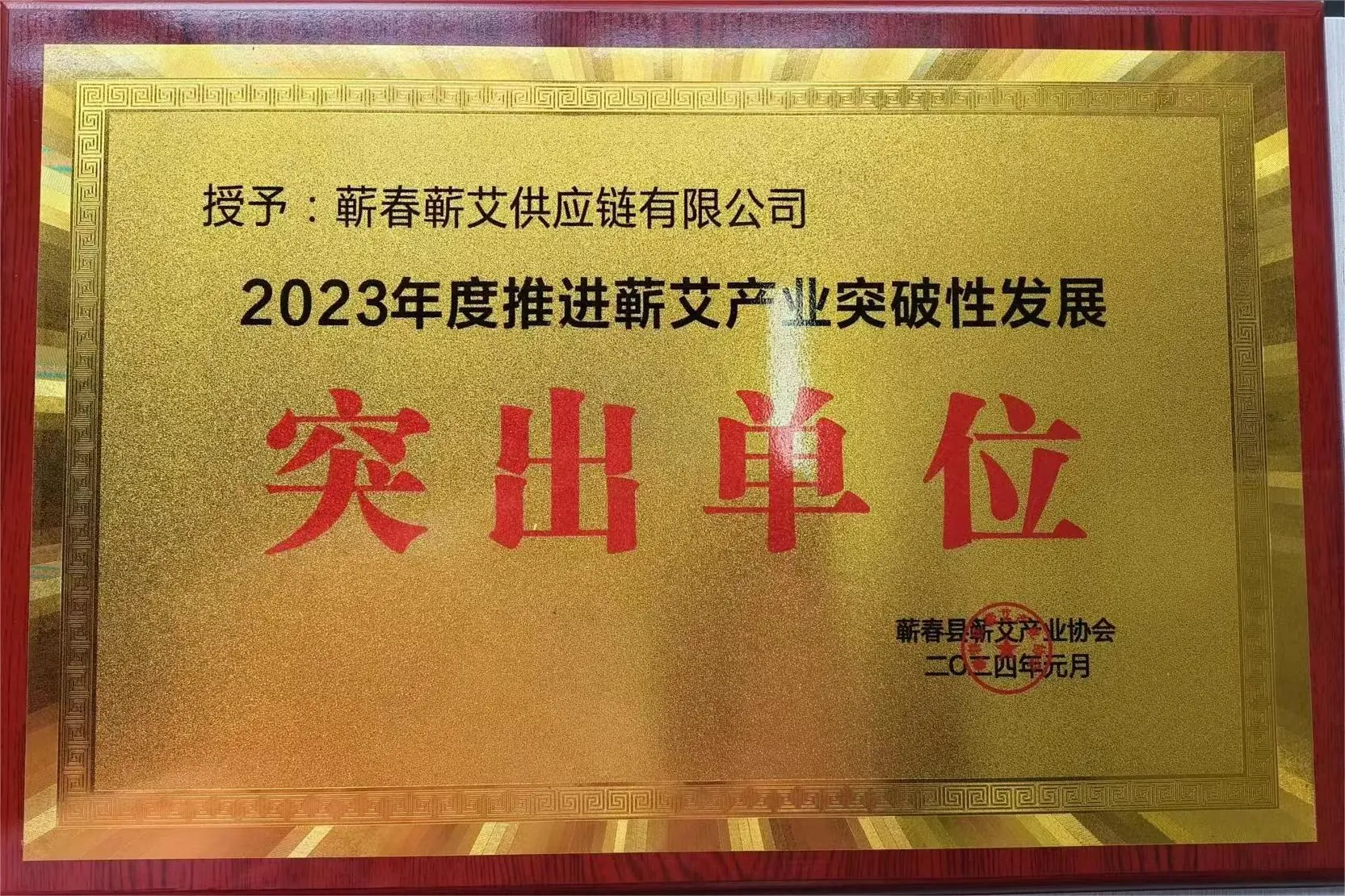 2023年度推进蕲艾产业突破性发展突出单位，牌匾照片