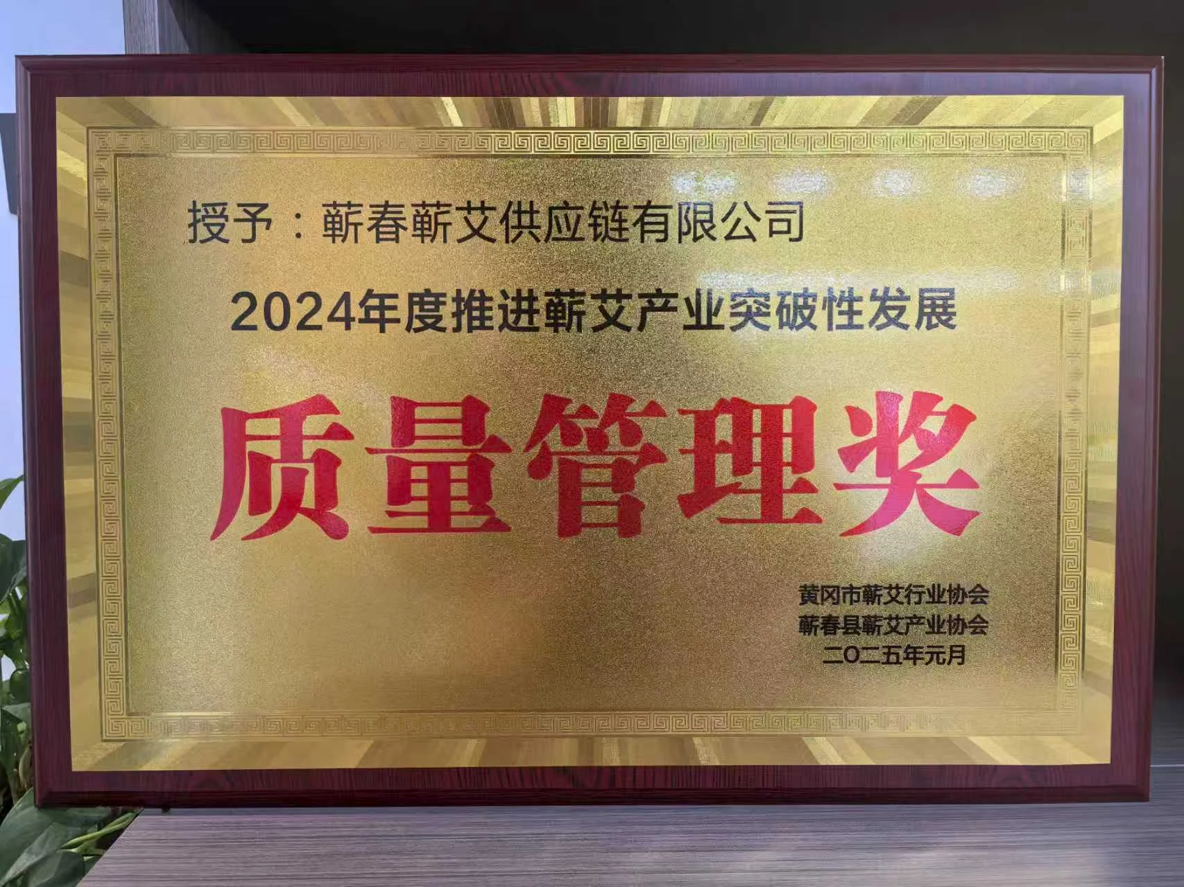 2024年度推进蕲艾产业突破性发展质量管理奖，牌匾照片